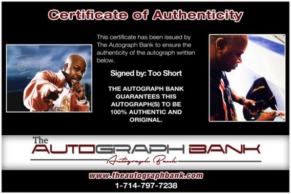 Too Short certificate of authenticity from the autograph bank