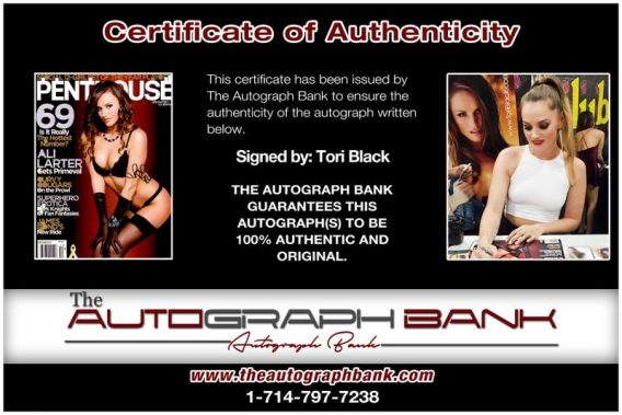 Tori Black certificate of authenticity from the autograph bank