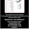 Troy Matteson certificate of authenticity from the autograph bank
