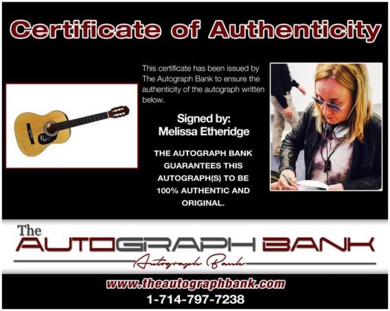 Melissa Etheridge certificate of authenticity from the autograph bank