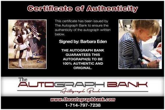 Barbara Eden certificate of authenticity from the autograph bank