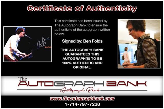 Ben Folds certificate of authenticity from the autograph bank