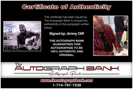 Jimmy Cliff certificate of authenticity from the autograph bank