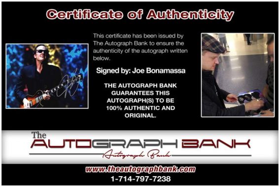 Joe Bonamassa certificate of authenticity from the autograph bank