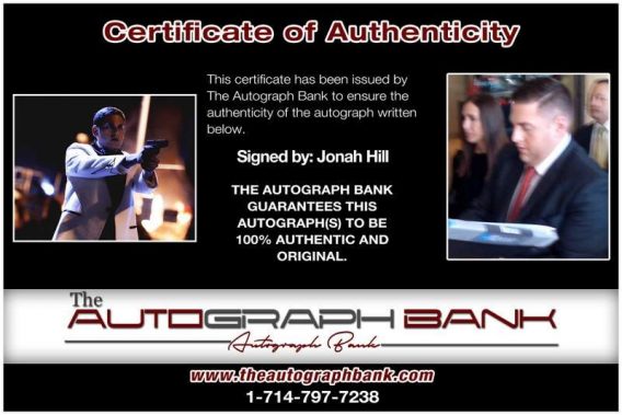 Jonah Hill certificate of authenticity from the autograph bank