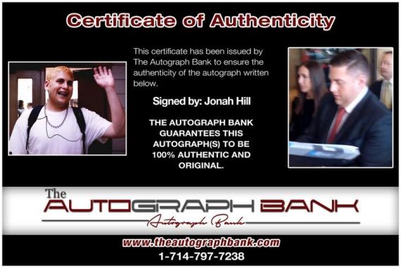 Jonah Hill certificate of authenticity from the autograph bank
