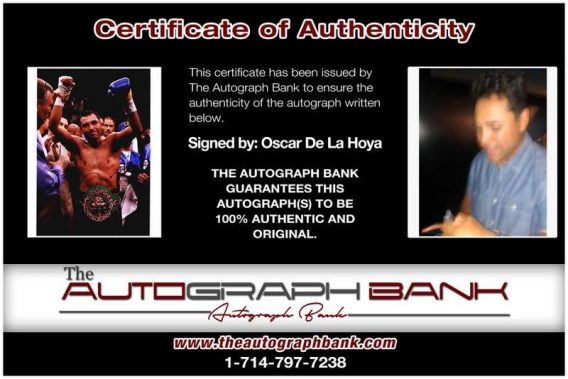 Oscar De La Hoya certificate of authenticity from the autograph bank