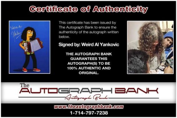 Weird Al certificate of authenticity from the autograph bank