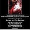 Zoe Saldana certificate of authenticity from the autograph bank