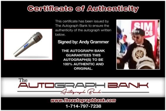 Andy Grammer certificate of authenticity from the autograph bank