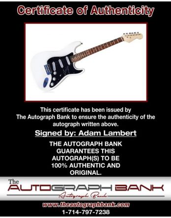 Adam Lambert certificate of authenticity from the autograph bank