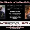 Ali Hillis certificate of authenticity from the autograph bank