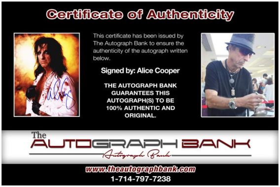 Alice Cooper certificate of authenticity from the autograph bank