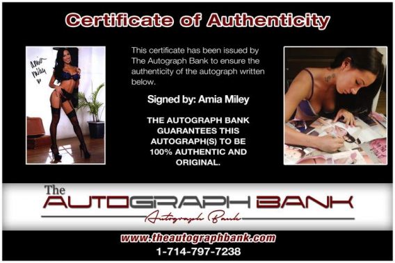 Amia Miley certificate of authenticity from the autograph bank