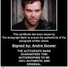 Andre Gower certificate of authenticity from the autograph bank