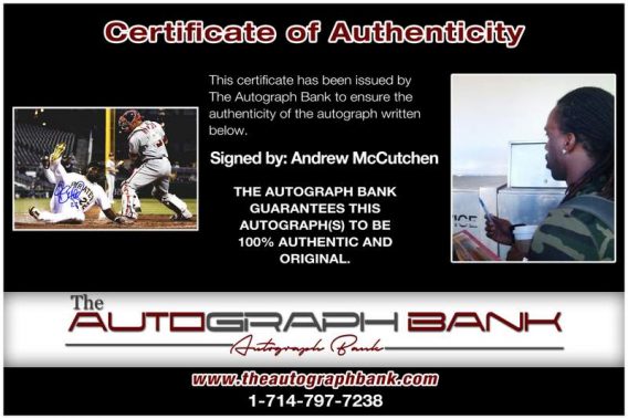Andrew Mccutchen certificate of authenticity from the autograph bank