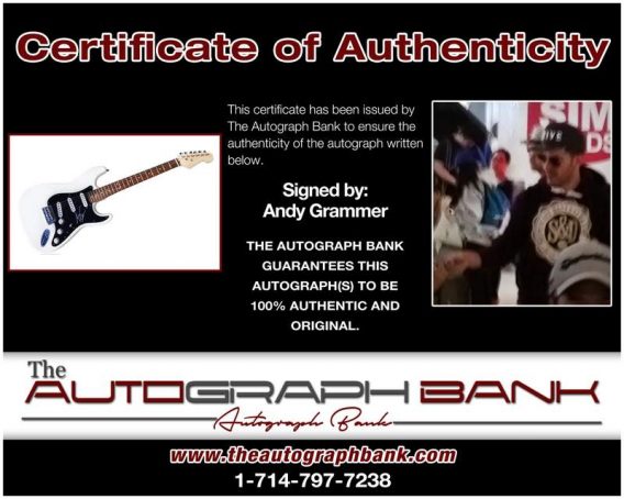 Andy Grammer certificate of authenticity from the autograph bank
