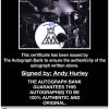 Andy Hurley certificate of authenticity from the autograph bank