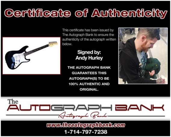 Andy Hurley certificate of authenticity from the autograph bank