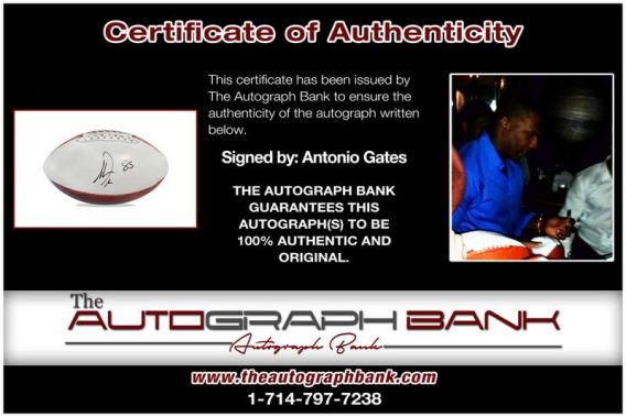 Antonio Gates certificate of authenticity from the autograph bank