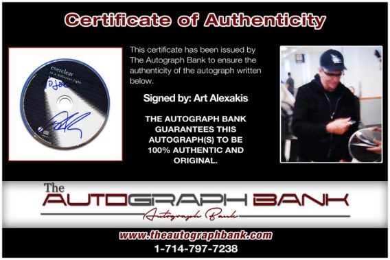 Art Alexakis certificate of authenticity from the autograph bank