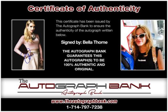 Bella Thorne certificate of authenticity from the autograph bank