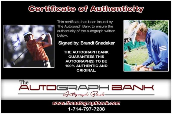 Brandt Snedeker certificate of authenticity from the autograph bank