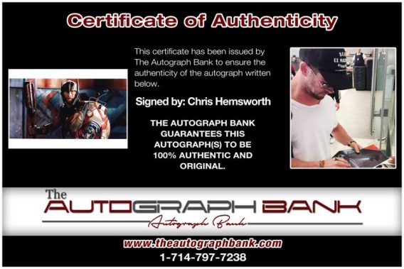 Chris Hemsworth certificate of authenticity from the autograph bank