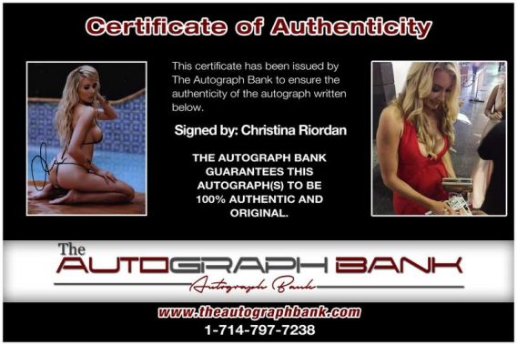 Christina Riordan certificate of authenticity from the autograph bank