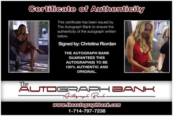 Christina Riordan certificate of authenticity from the autograph bank