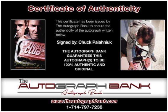 Chuck Palahniuk certificate of authenticity from the autograph bank
