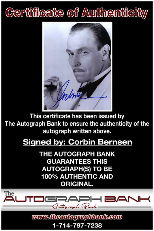Corbin Bernsen certificate of authenticity from the autograph bank