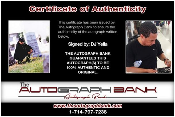 Dj Yella certificate of authenticity from the autograph bank