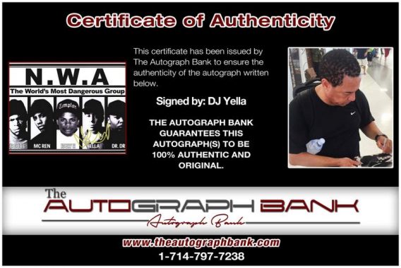 Dj Yella certificate of authenticity from the autograph bank