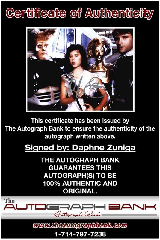 Daphne Zuniga certificate of authenticity from the autograph bank