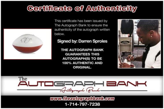 Darren Sproles certificate of authenticity from the autograph bank
