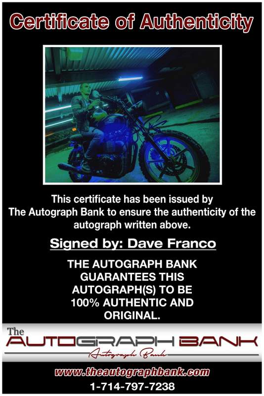 Dave Franco certificate of authenticity from the autograph bank