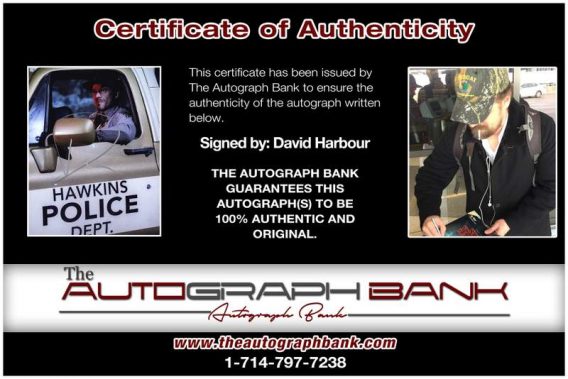 David Harbour certificate of authenticity from the autograph bank