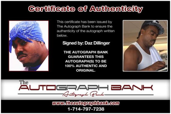Daz Dillinger certificate of authenticity from the autograph bank