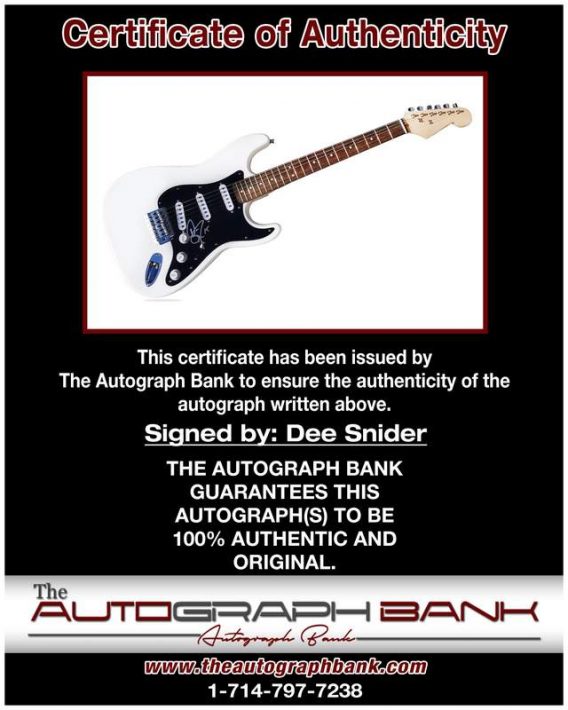 Dee Snider certificate of authenticity from the autograph bank
