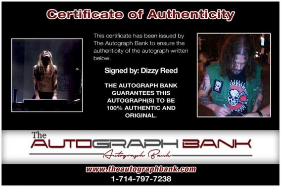 Dizzy Reed certificate of authenticity from the autograph bank