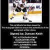 Duncan Keith certificate of authenticity from the autograph bank
