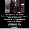 Elizabeth Olsen certificate of authenticity from the autograph bank