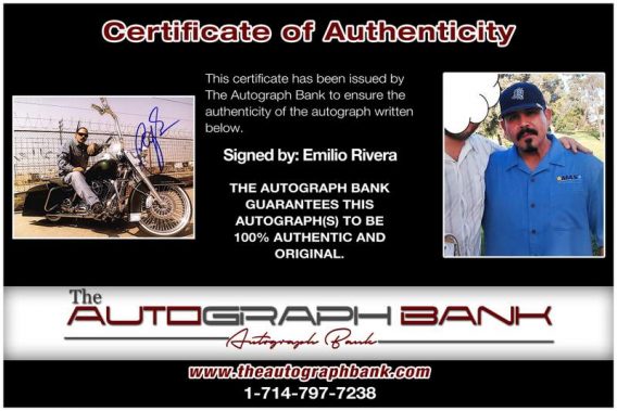 Emilio Rivera certificate of authenticity from the autograph bank