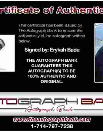 Erykah Badu certificate of authenticity from the autograph bank