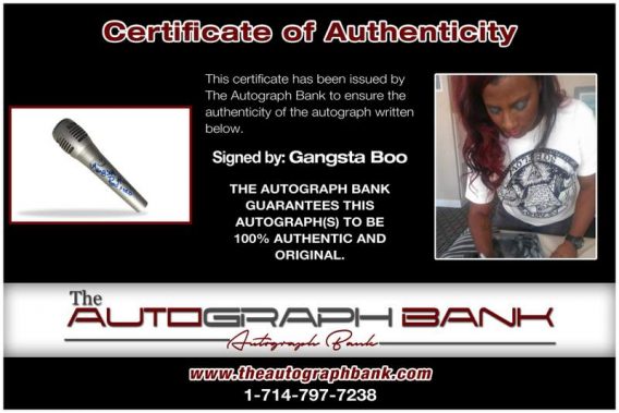Gangsta Boo certificate of authenticity from the autograph bank