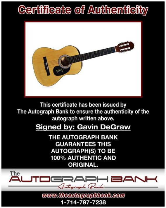 Gavin Degraw certificate of authenticity from the autograph bank