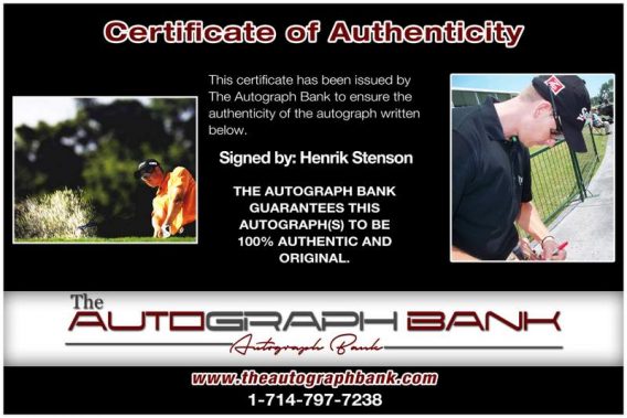 Henrik Stenson certificate of authenticity from the autograph bank