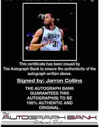 Jarron Collins certificate of authenticity from the autograph bank