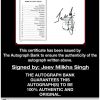 Jeev Milkha Singh certificate of authenticity from the autograph bank